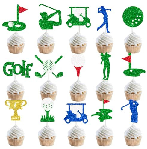 24pcs Golf Cupcake Toppers Glitter Golf Birthday Party Decorations Golf Ball Cupcake Picks for Golf Player Cake Decorations Golf Baby Shower Party Supplies