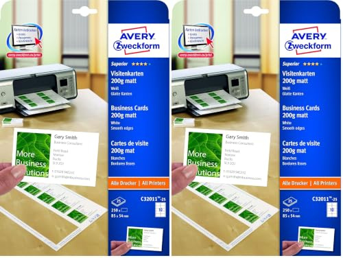 AVERY Zweckform C32011-25 Superior Visitenkarten, blanko (250 Stück, 200g, 85x54 mm, einseitig bedruckbar, matt weiß, absolut glatte Kanten, 25 Blatt) zum Selbstbedrucken auf allen Druckern
