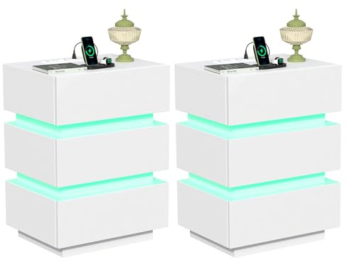PIPIPOXER LED Nachttisch mit Steckdose & USB, 2er Set Nachttisch Weiß Hochglanz mit 3 Schubladen, Nachtschrank mit 16 Farbe RGB Licht, Nachtschrank Tisch, Beistelltisch für Wohnzimmer, 45x35x61cm
