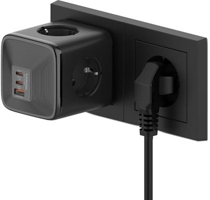 VAMODI Steckdosenleiste Würfel mit USB, 4 Fach Steckdosenadapter mit USB C, PD33W 2 USB C 1 Typ A Schnelles Ladegerät, 7 in 1 Steckdosenwürfel mit Kindersicherung für Büro Hause Reisen, Schwarz