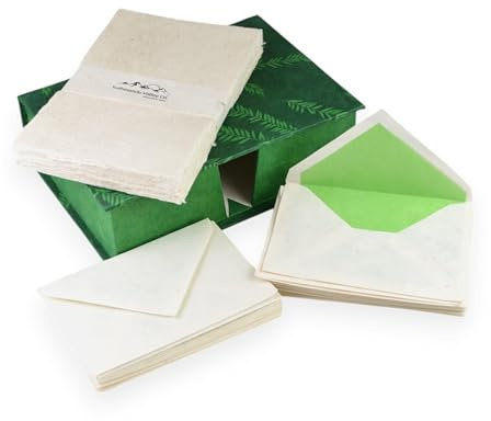 Kathmandu Valley Co. Vintage Stationery Gift Box Set with 50 Handmade A5 Deckle-edge Lokta Paper Sheets and 30 Envelopes (Forest Fern)