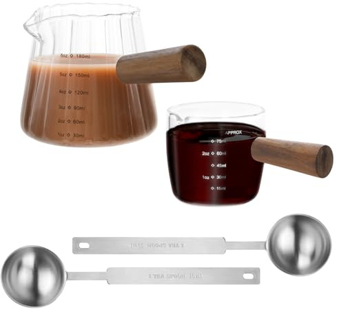 LZLINGMEI 2 PCS Espresso Shot Glass with 2PCS Measuring Spoons, Single Spout Espresso Measuring Cups with Wood Handle, Espresso Glasses with Dual Scale, Espresso Accessories for Coffee (6.0oz, 2.5oz)