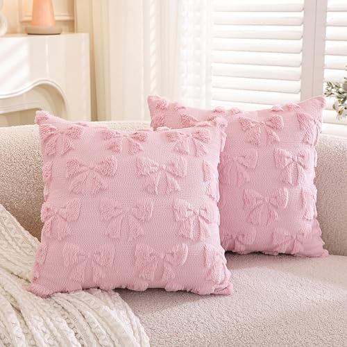 TAOSON Pack of 2,Valentines Day Decoration Pink Cute Bow Soft Plush Faux Fur Jacquard Throw Pillows Soft Couch Pillowcases Cushion Covers for Living Room Girl Bed Sofa Home Decor 18x18 inch