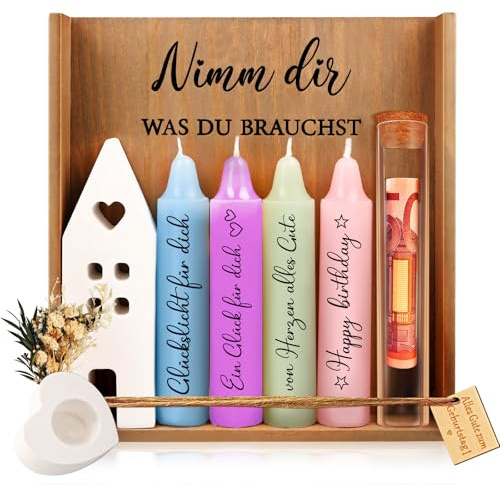 TUZELIYA Geschenke für Frauen, Geschenk Freundin Geburtstag, Kerzen Geschenkset, Deko Kerzenhalter Set, Nimm dir was du brauchst, Geburtstagsgeschenk für Mama, Schwester, Beste Freundin Geschenkset