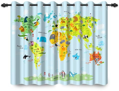 ggaimwf 107x160cm Mapa Cortina con Ojales Dibujos Animados Verde Mapa del Mundo Animales náutica Opacas Cortinas para Ventanas Niñas niños Habitación Infantil Dormitorio Sala de Estar,2 Panel