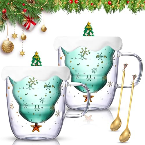 ITMNMNL Weihnachtstasse Doppelwandige 2 Stück 300ml Weihnachtsgläser,Kaffeebecher Doppelwandig Glas,Weihnachtstassen,Tasse Weihnachten mit Weihnachtsbaum-Deckel,Christmas Mug für Damen Männer