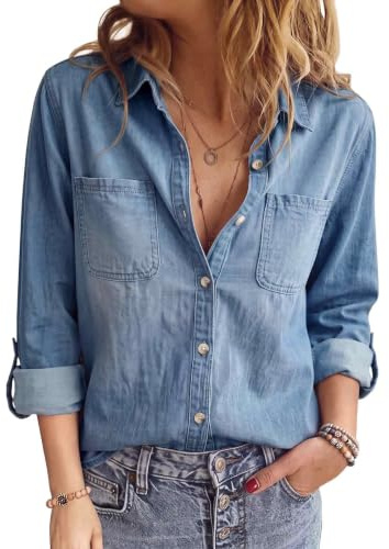 PASUDA Chemise en Jean Femme Manches Longues Chic et Élégant Chemisier Col en V Doux de Coton Chemiser Denim col Boutonnée Décontractée Tunique Top avec Poches Poitrine (Bleu, M)