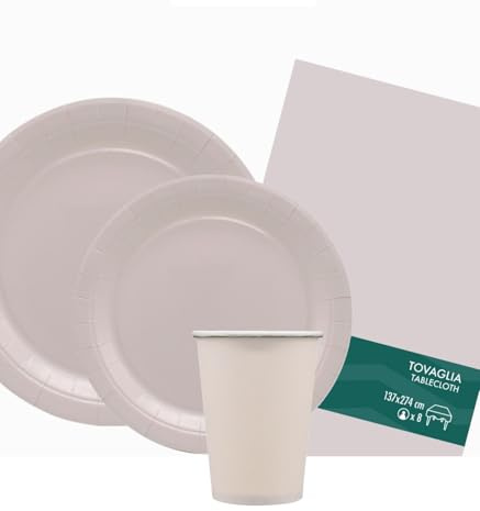 Set Compleanno Rosa Cipria 15 Persone, Piatti Biodegradabili 24 cm e 18 cm, Bicchieri 250 cc, Tovaglia 137x274 cm, Rosa Cipria