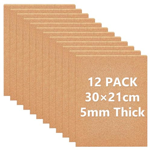 BENECREAT 12 Stück A4 Korkplatten 30x21cm Selbstklebende Korkplatten Rechteckige Korkplattenfliesen Für Untersetzer Wandkunst Pinnwände (5mm Dick)