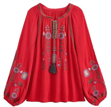 TUREAU Chemise brodée à manches longues pour femme - Chemisier paysan à manches longues - Style bohème - Col en V - Tunique ample et légère, 03 Rouge, Taille S