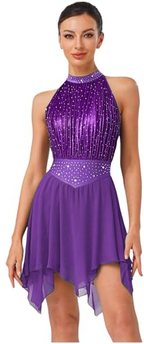 Oyolan Femme Robe Danse Latine Salsa Rumba Cha Cha Strass sans Manches Justaucorps Patinage Artistique Gymnastique Tenue Compétition Spectacle Violet S