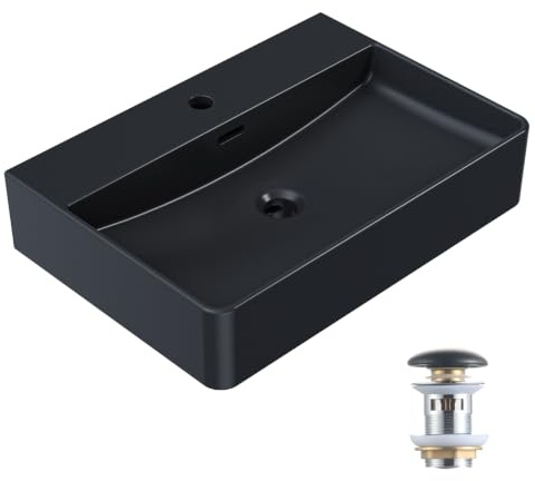 HOROW Schwarzes Waschbecken 60 cm mit Keramik Pop-up Ablauf | Modernes Keramik Hängewaschbecken Waschtisch Bad für Badezimmer, Gäste WC & Garten, leicht zu reinigen