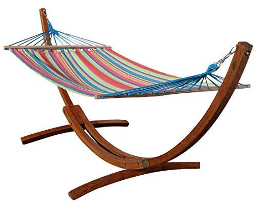 ALEOS. 320cm Hängemattengestell Caleta Hängematte mit Gestell aus Holz Lärche mit gestreifter Stabhängematte