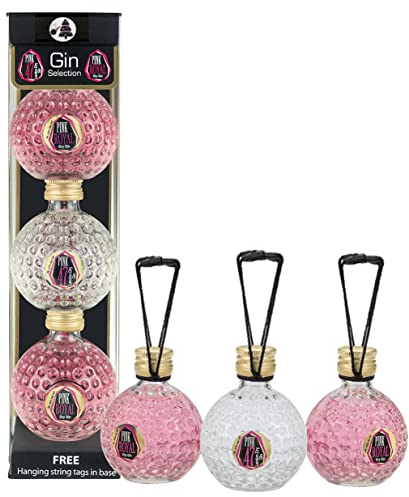 Diamond Spirits Set Of 3 Gin Filled Christmas Baubles. Pink Royal 40% ABV & Pink 47 Gin Miniatures 47% ABV. Hanging Mini Gin Bottles, London Dry Gin & Pink Gin Gift Set.