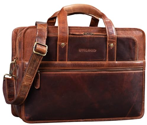 STILORD Yves Aktentasche Herren Damen Leder Arbeitstasche Dokumententasche 15,6 Zoll Laptoptasche Businesstasche Lehrertasche echtes Rindsleder Farbe:mittel - braun