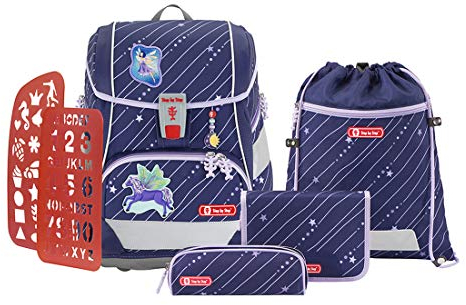 Step by Step Schulranzen-Set 2IN1 PLUS Pegasus Emily 6-teilig, lila, Pegasus-Desgin, ergonomischer Tornister mit Reflektoren, höhenverstellbar mit Hüftgurt für Mädchen ab der 1. Klasse, 19L