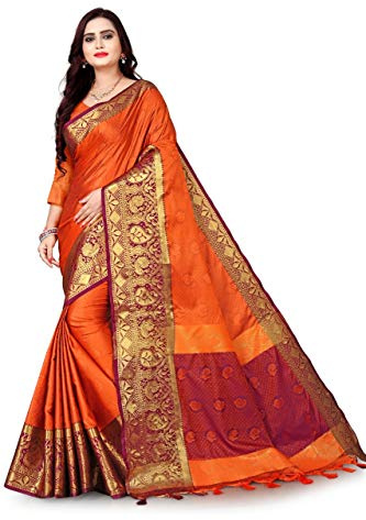 MOHIT CREATIONS Wedding Wear Traditional Pure Cotton Silk Saree With Unstitched Blouse Piece (Orange)