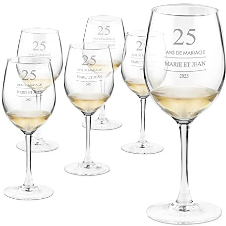 Maverton 6 Verres à Vin en Cristal, Verres Personnalisés 350 ml | Cadeau Couple, Cadeau Personnalisé, amis, parents, anniversaire, noces, 25 ans de mariage, noces