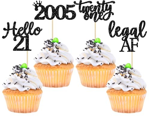 Gyufise 24 Pack Black Glitter 21st Birthday Cupcake Toppers Hello 21 Legal Twenty One Since 2005 Cupcake Picks for Celebrating Twenty-One Years Old Birthday Party Decorations