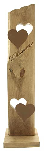 FRANK FLECHTWAREN Holzdeko, Willkomensschild, Dekosäule Willkommen, Holz in natürlichem Braunton, dekorative Metallherzen, Moderne Rostoptik, stabile Ausführung, Maße: Höhe 80 cm