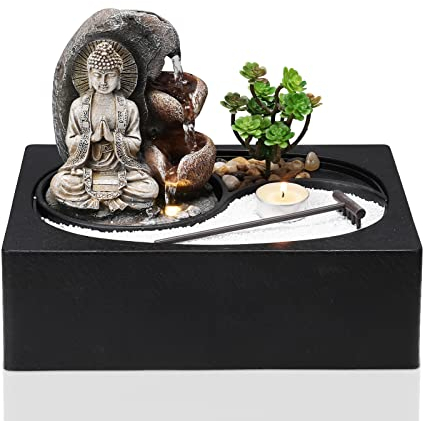 BTGGG Indoor Fountain Buddha with LED Light Candle Indoor Water Features 29 * 21 * 22CM Desktop Fengshui Meditation Zen Fountain for Relaxing Indoor Decoration, 3 Pin UK Plug Included