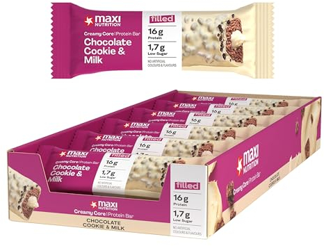 MaxiNutrition Creamy Core Bar Chocolate Cookie & Milk, 12x45g Filled-Protein-Riegel, 36% Eiweißgehalt 16g je Riegel, low Sugar (3,7g), ohne Zuckerzusatz, ohne künstliche Aromen