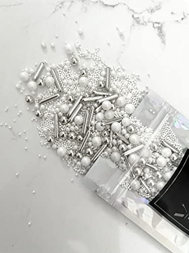 Edible Luxe Pearl White & Silver Sprinkles Mix 45g | Metallic Sugar Pearls & Balls | Cake Cupcake & Cookie Decorations | Baby Shower Wedding Birthday Baking Toppings