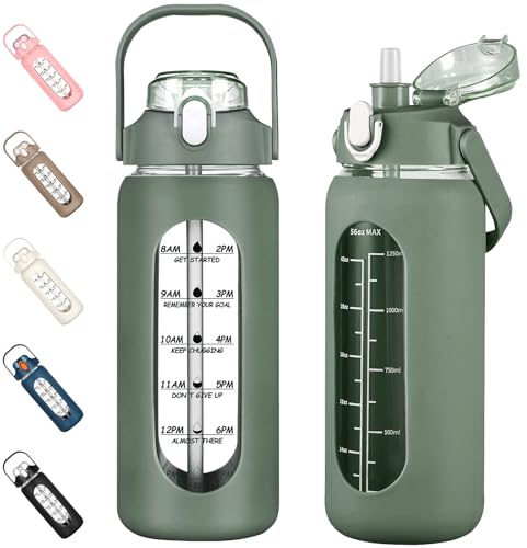 kytffu Botellas de agua de vidrio de 56 onzas con pajilla, botella de vidrio motivacional con funda de silicona y marcador de tiempo, jarra de agua grande a prueba de fugas para gimnasio, oficina en