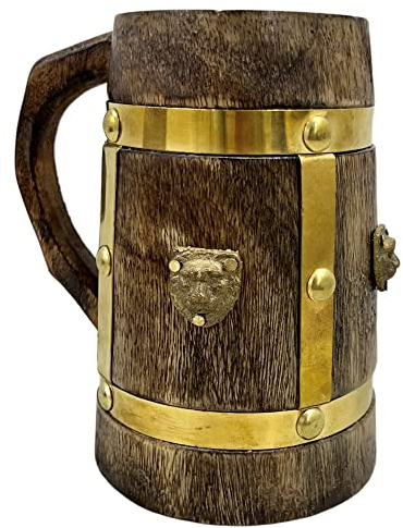 Handmade Wooden Beer Mug Horizontal & Vertical Golden Tankard Drinking Mug Tea Wine Beer with Handle for Men Gift Camping Travel Outdoor Mugs for Viking Natural Wooden Mug Covered Golden Strap