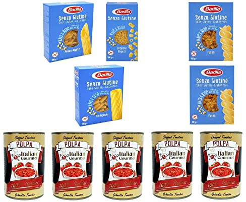 TestTPAKET Barilla Senza Glutine - Pasta sin gluten (5 x 400 g) y Italian Gourmet Polpa di pomodoro, pasta de tomate finamente picada, 5 x 400 g)
