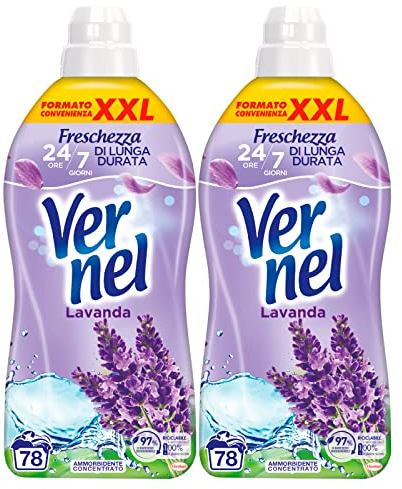 Vernel Lavanda Ammorbidente Liquido Concentrato Formato Convenienza XXL per Bucato Morbido e Profumato Lunga Durata - 2 Flaconi da 1,95 Litri