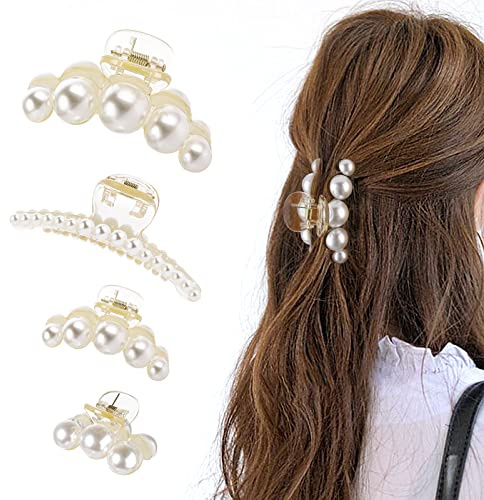 4 Stücke Haarklammer Groß Dickes Haar Haarspange Krallenklammer für Rutschfest Starke Perlen Haarklammern Accessoires für Damen Spangen Mädchen