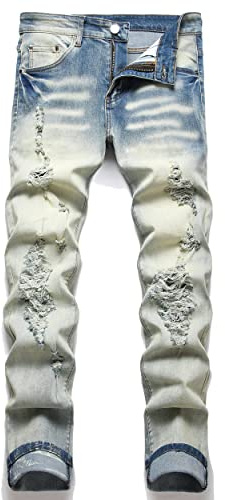 TMMMT Men's Fashion Washed Perforated Elastic Slim Fit Jeans(40, 8803 Retro Blue)