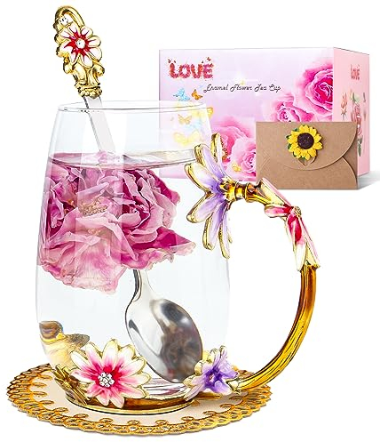 Homtibrm Birthday Gifts for Women Her Mom Teacher Friends Enamel Flower Tea Cup Glass Coffee Mug Gifts for Women Birthday,Mother's Day,Anniversary (Purple-high)