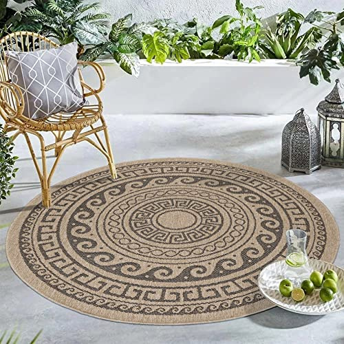 Carpetsale24 Runder In & Outdoor Teppich Wetterfest Sisal Optik Natur 80 cm Rund - Waschbarer Küchenteppich Wasserfest Flachgewebe Natur Optik Vintage Design Teppiche für Balkon Terrasse Wohnzimmer
