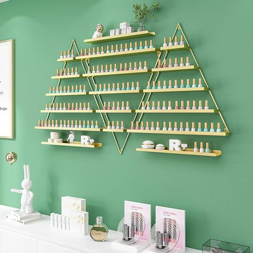 SanBouSi 3 Sets Nagellack Regal Dreiecke Metall Nagellack Organizer Wandregal mit 5 Ebenen Nagellackregal Nagellack Aufbewahrung für Nagellack Parfüm Lipstick Ätherische Öle, Gold