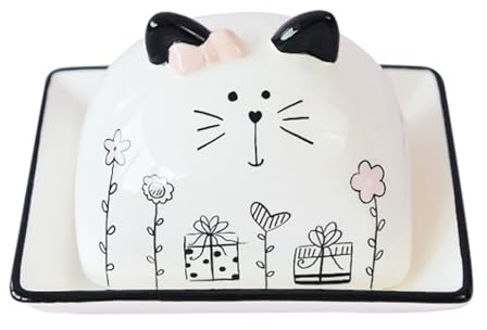 BURLOE Butterdose Keramik, Mit Deckel Behälter Teller Halter Küche Bedeckt Katze Mit Koffer Organiser Abdeckung Cartoon Dessert Porzellan Schale,Weiß