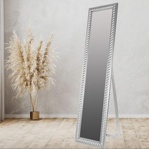 LEBENSwohnART Traumhafter Standspiegel MIRA 180x45cm antik-Silber Facette Holzrahmen Wandspiegel Design
