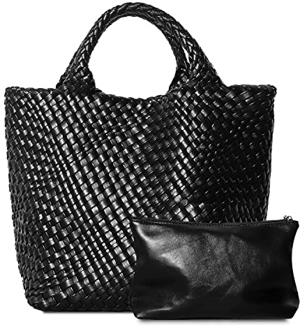 Dyalsa Bolso de mano tejido para mujer, de piel vegana, grande, para verano, playa, bolso retro hecho a mano para viaje, Aa-negro, Small