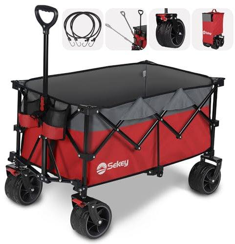Sekey 200L Folding Festival Trolley with All-Terrain Extra Wide Wheels and Brake, Heavy-Duty Cart Loadable up to 150KG, Patented Four-Directional Foldable Design, Wagon for Beach Camping, Red&grey