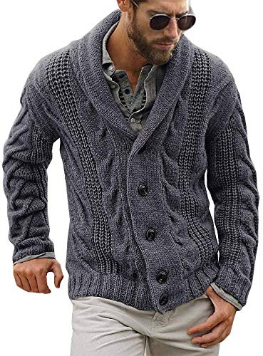 Runcati Chaqueta de punto para hombre con manga larga de punto grueso con cuello de chal, cárdigan de punto trenzado, chaqueta de punto casual con botones, abrigo de invierno, gris, M