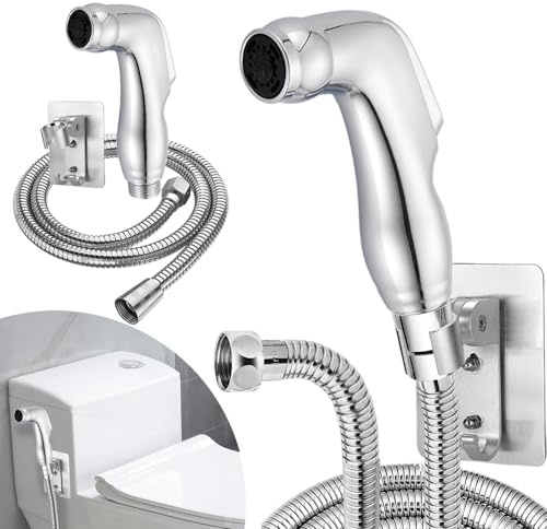 STOAT® Kit Douchette WC Complet - Pommeau, Tuyau 1,5 Mètre, Support - Kit Hygiène Flexible Argent