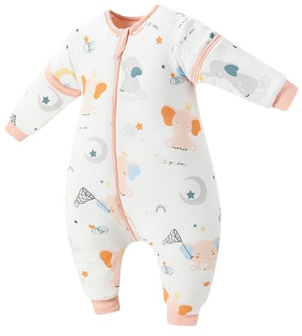 WYTbaby Schlafsack mit Füßen 3.5 Tog, Langarm Schlafsack Baby Winter 100% Baumwolle Winterschlafsack mit Abnehmbaren Ärmel für Jungen und Mädchen,Rosa Elefant/Baby Höhe 70-85cm