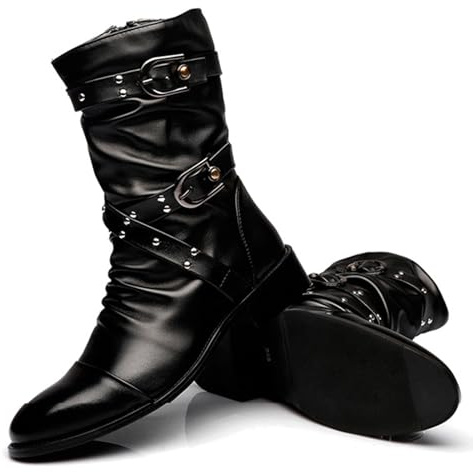 LMUIPMAA Botas De Combate para Hombre Botas De Motorista Góticos Punk Botas Militares Tácticas De Motocicleta De Cuero PU para Exteriores,Negro,41 EU
