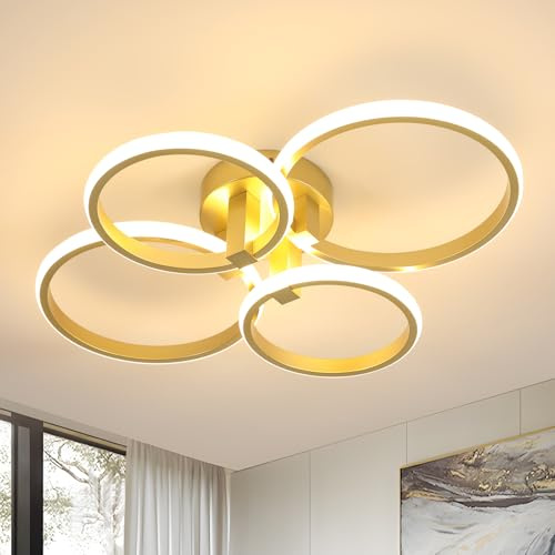 DELIPOP Modern LED Deckenleuchte, 4-Ringe Deckenlampe LED Gold, 56W 6300LM Warmweiß 3000K Deckenlampen für Wohnzimmer, Schlafzimmer, Esszimmer, Küche, Büro