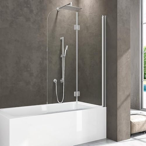 Duschkabine für Badewanne 110x140cm Duschwand 2-Teilig Faltbar, Duschabtrennung Badewannenaufsatz 180° Faltwand, Duschtrennwand aus 6mm NANO Easy-clean-beschichtung Glas, Silber Alu-natur