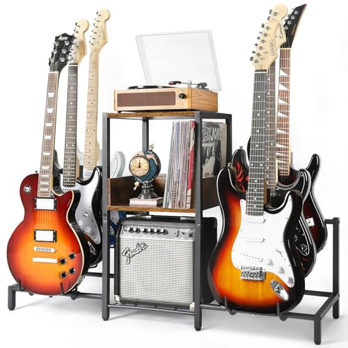 Bikoney Gitarrenständer für 6 Gitarren, Gitarren-Halterung für E-Gitarre | Gitarrenhalter mit Großer Kapazität, 3-stufiges Verstärker-Fach für Zubehör, Halterung für mehrere Gitarren, Gitarren-Display