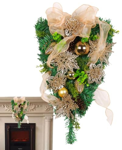 Dtaigou Weihnachtsgirlande für Haustür, Weihnachtskranz mit Schleife, künstlicher Tannenzapfen, Goldkugel, dekorative Anhänger für Zuhause, Treppen, Kamin
