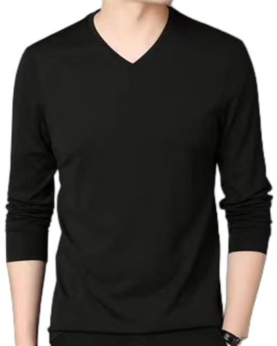 Long Sleeve Mens T Shirt with V Neck Casual Style for Gym and Relaxation (L Black)