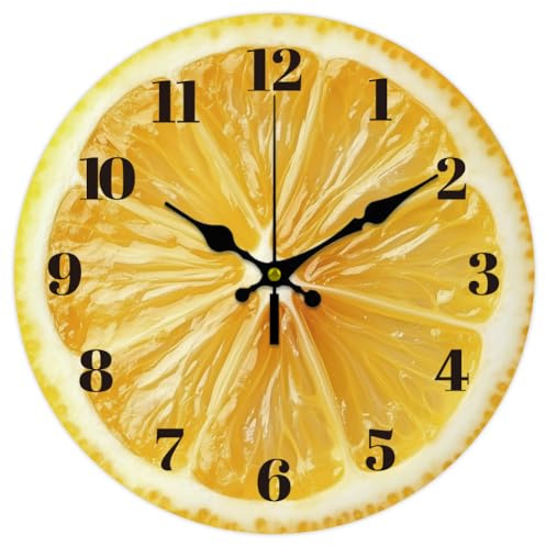 CHGCRAFT 12inch Lemon Pattern en Wall Clock Battery Operated Silent Non Ticking Round Decorative Clock for Office Home Living Room Bedroom Bathroom Kitchen Decor